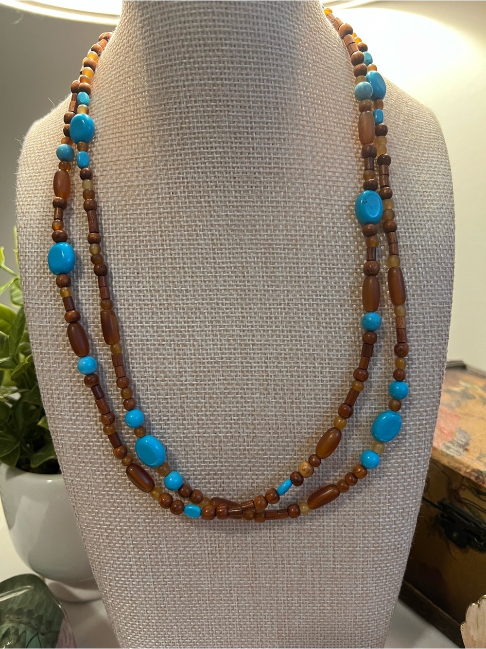 Beaded Double-Strand Necklace in Turquoise & Brown